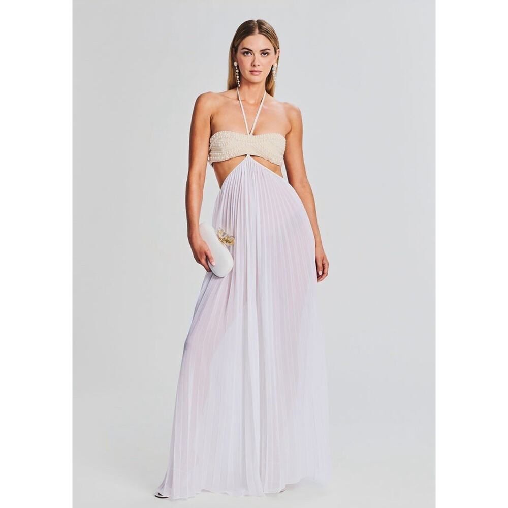 Retrofete Ximena Maxi Dress M White Pearl Embellished Cutout Halter Pleated